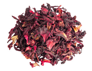Fototapeta premium Dry Hibiscus Tea Isolated, Dry Rose Petals, Fruit Red Tea, Karkade Leaves, Dried Herbal Drink, Roselle Petal