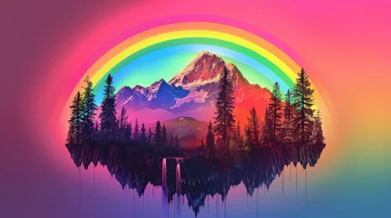 Foto op Canvas beautiful mountain with pine trees and rainbow © Marco