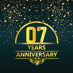 7 year anniversary template design with golden number and ring for birthday celebration event, invitation, banner poster, flyer, and greeting card, vector template