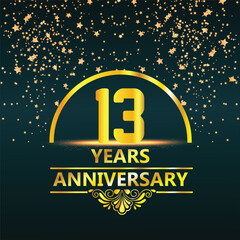 13 year anniversary template design with golden number and ring for birthday celebration event, invitation, banner poster, flyer, and greeting card, vector template