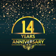 14 year anniversary template design with golden number and ring for birthday celebration event, invitation, banner poster, flyer, and greeting card, vector template