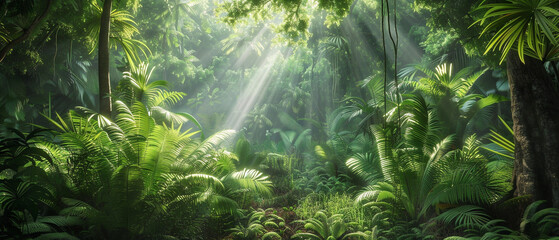A serene forest with tall trees and sunrays peeking through the lush green foliage. - obrazy, fototapety, plakaty