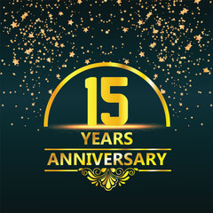 15 year anniversary template design with golden number and ring for birthday celebration event, invitation, banner poster, flyer, and greeting card, vector template