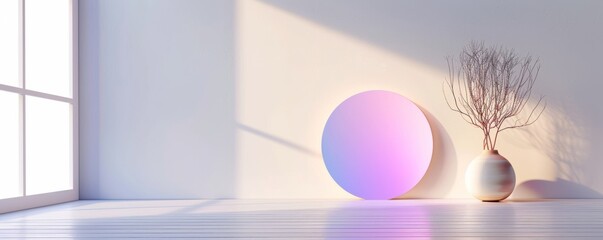 Minimalist interior with gradient sphere and vase