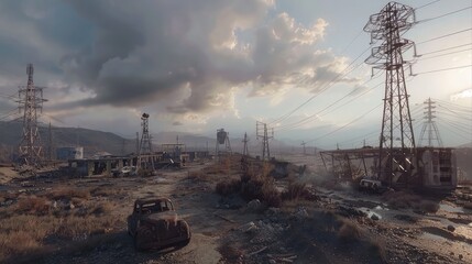 A post-apocalyptic wasteland in a video game, featuring crumbling infrastructure and desolate landscapes, - obrazy, fototapety, plakaty