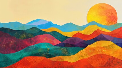 Colorful abstract mountain landscape with textured sun