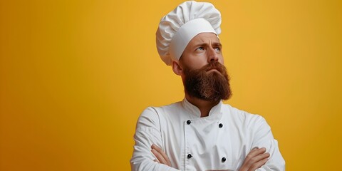 Thoughtful Chef in Uniform Contemplating the Culinary Course with Furrowed Brow on Vibrant Yellow Background