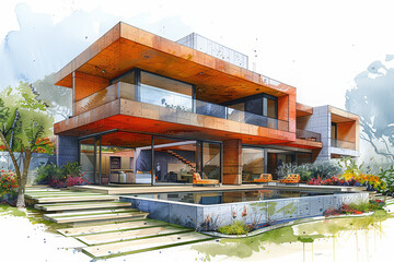 Perspective sketch illustration drawing of architectural concept. Full colorful abstract presentation of architecture project for communication design. AI Generative.