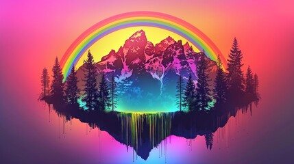 beautiful mountain with pine trees and rainbow floating. retro neon concept