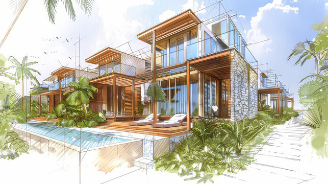 Perspective sketch illustration drawing of architectural concept. Full colorful abstract presentation of architecture project for communication design. AI Generative.
