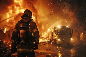 Firefighter's perspective battling the blaze, full gear faces an inferno, hose in hand, as flames engulf the environment, with fire truck lights piercing through smoky air, creating dramatic battle