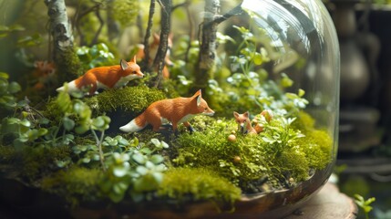 Fototapeta premium Miniature fox figurines in a glass terrarium with lush greenery
