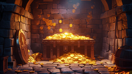 The Dark ancient fantasy palace corridor interior with Gold coin, Illustration