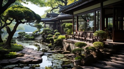 Fototapeta na wymiar Japanese garden with a pond, trees, and a house