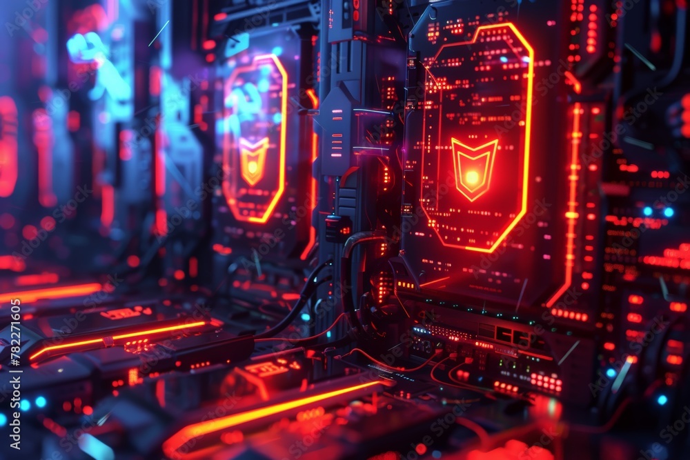 Poster panoramic view of a digital landscape where a cybersecurity shield guards a network of computers aga