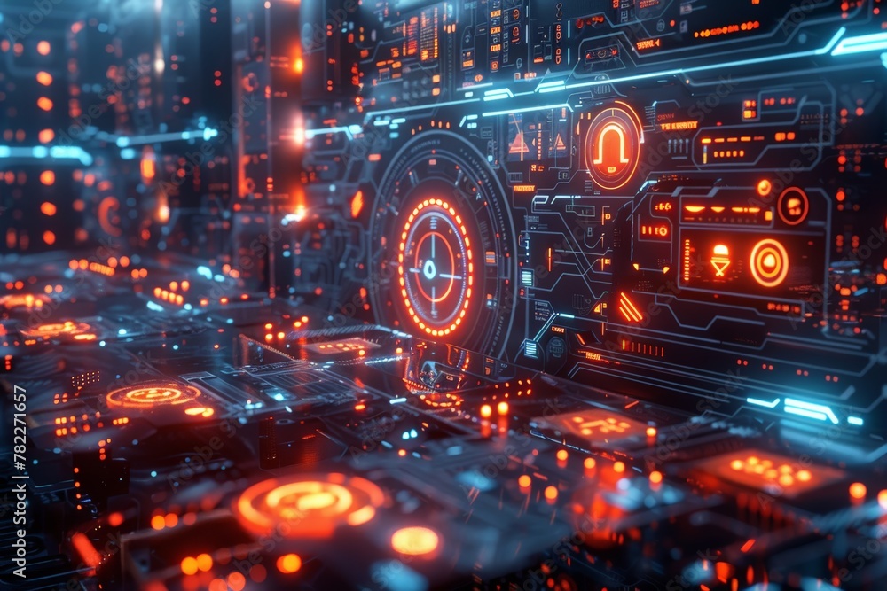 Poster vivid circuitry pulses with light, a labyrinth of red and blue hints at complex computations, a digi