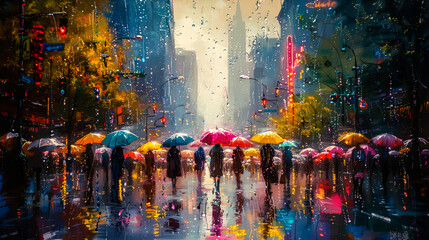 Many people holding bright umbrella, walking under the rain along the crowded street of the city. Autumn rainy day. The view from the back.