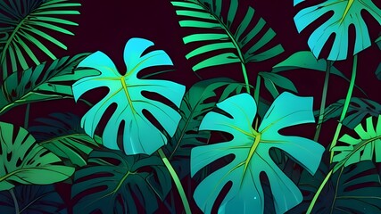 Illustration of neon Monstera Deliciosa leaves growing in the tropical forest for a creative design element. Generative AI