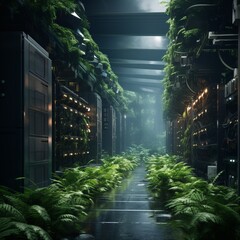 A data center filled with lush greenery - obrazy, fototapety, plakaty