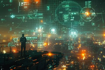 Silhouette against a vast digital interface, one surveys a sprawling cybernetic city, holographic screens floating like ghosts, a solitary figure contemplating a world where information reigns supreme