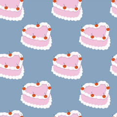 Seamless pattern with heart shaped cakes with cherry. Vector illustration.