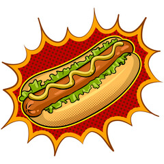Hot dog pop art retro PNG illustration. Color background. Comic book style imitation.