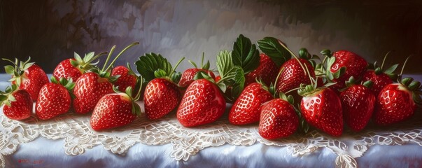 Still life of strawberries on a lace tablecloth - obrazy, fototapety, plakaty
