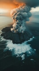 Volcanic eruption at sunset over the ocean