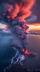 Volcanic eruption at twilight with massive ash cloud