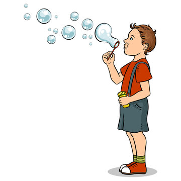 Kid blowing soap bubbles pop art retro PNG illustration. Isolated image on white background. Comic book style imitation.