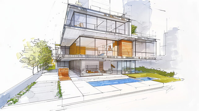 Perspective sketch illustration drawing of architectural concept. Full colorful abstract presentation of architecture project for communication design. AI Generative.