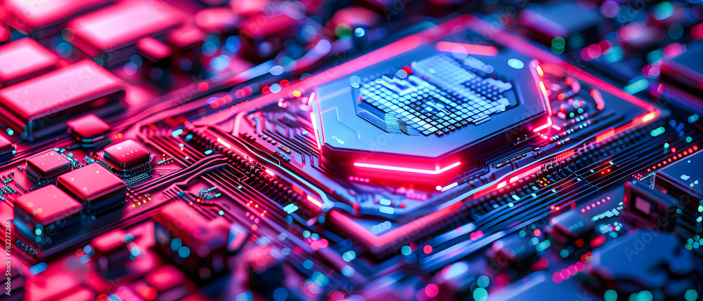 Poster processor and circuit board, close-up on hardware engineering, blue tech background, digital communi