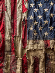 An old and worn US flag, torn fabric