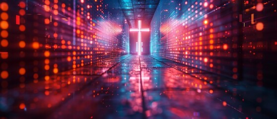 A cross is lit up in a dark room with a blue background by AI generated image