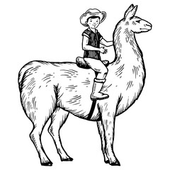 Naklejka premium Child boy riding llama engraving PNG illustration. Scratch board style imitation. Black and white hand drawn image.