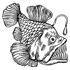 Deep water fish with lightern engraving PNG illustration. Scratch board style imitation. Black and white hand drawn image.