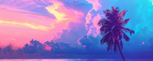 Tropical beach with vibrant sunset and palm silhouette