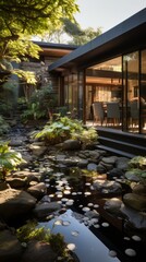 Fototapeta premium courtyard garden with pond and modern house