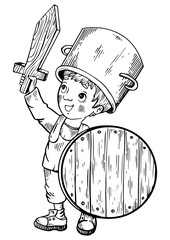 Child in wooden armor engraving PNG illustration. Scratch board style imitation. Black and white hand drawn image.