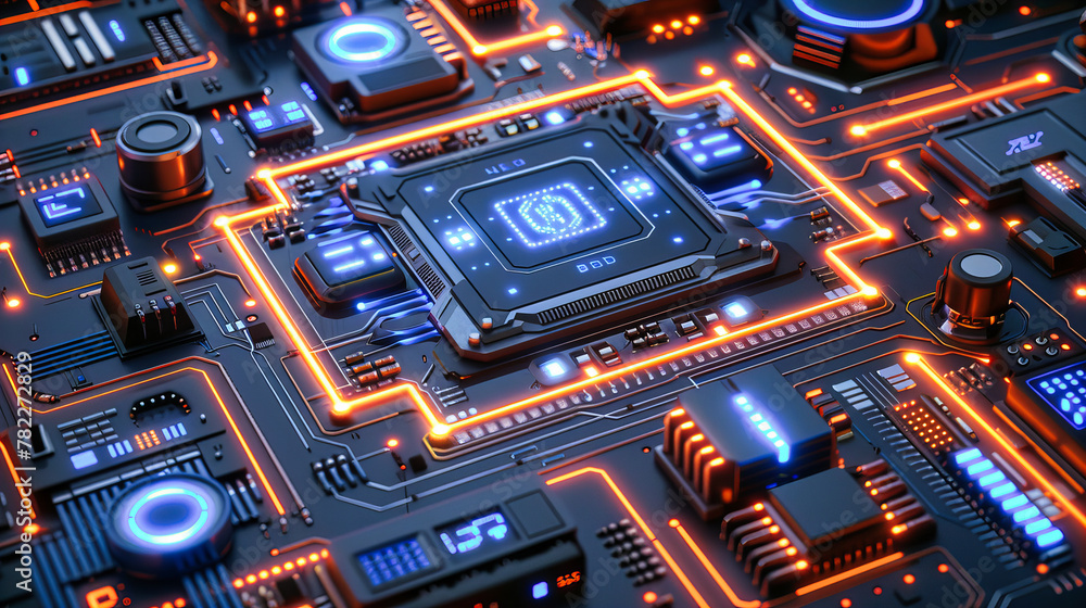 Poster processor at the heart of computing, illustration of advanced hardware and artificial intelligence t