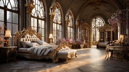 Ornate bedroom with a large bed, sitting area, andãŒãŸãã•ã‚“ã‚ã‚‹èŠ±ç“¶ - obrazy, fototapety, plakaty