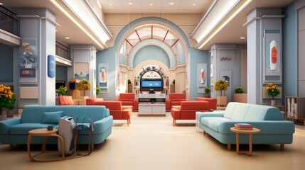 A retro hospital waiting room with blue and red seats
