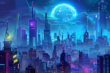 a digital artwork showcasing a futuristic cityscape illuminated against the night sky.