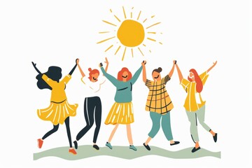 people holding hands and celebrating success together, with the sun shining above them illustration is in the style of a doodle with minimalism, simple design Generative AI