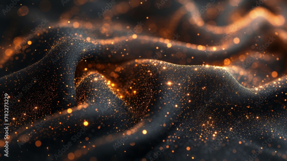 Poster abstract golden particles over dark wavy background