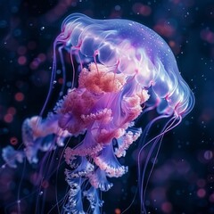 Fototapeta premium A glowing jellyfish with pink and purple tentacles
