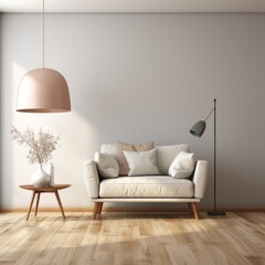 A stylish living room with a comfortable sofa, a coffee table, a floor lamp, and a vase of flowers