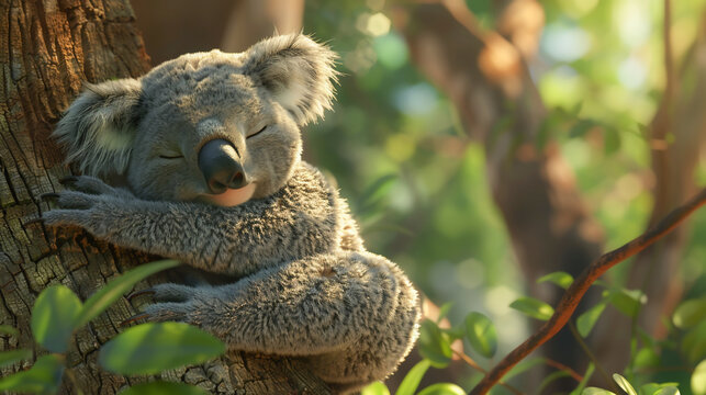 A 3D render of a koala cartoon sleeping peacefully on a tree.