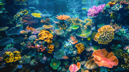 A colorful coral reef with many different types of fish and plants - obrazy, fototapety, plakaty