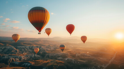 the serene travel of balloons across a clear sky with sunset.